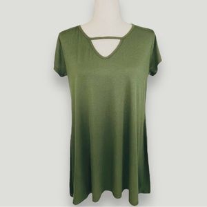ACTING PRO Flowy Olive Green Keyhole V-Neck Tunic Short Sleeve Tee Top T-shirt
